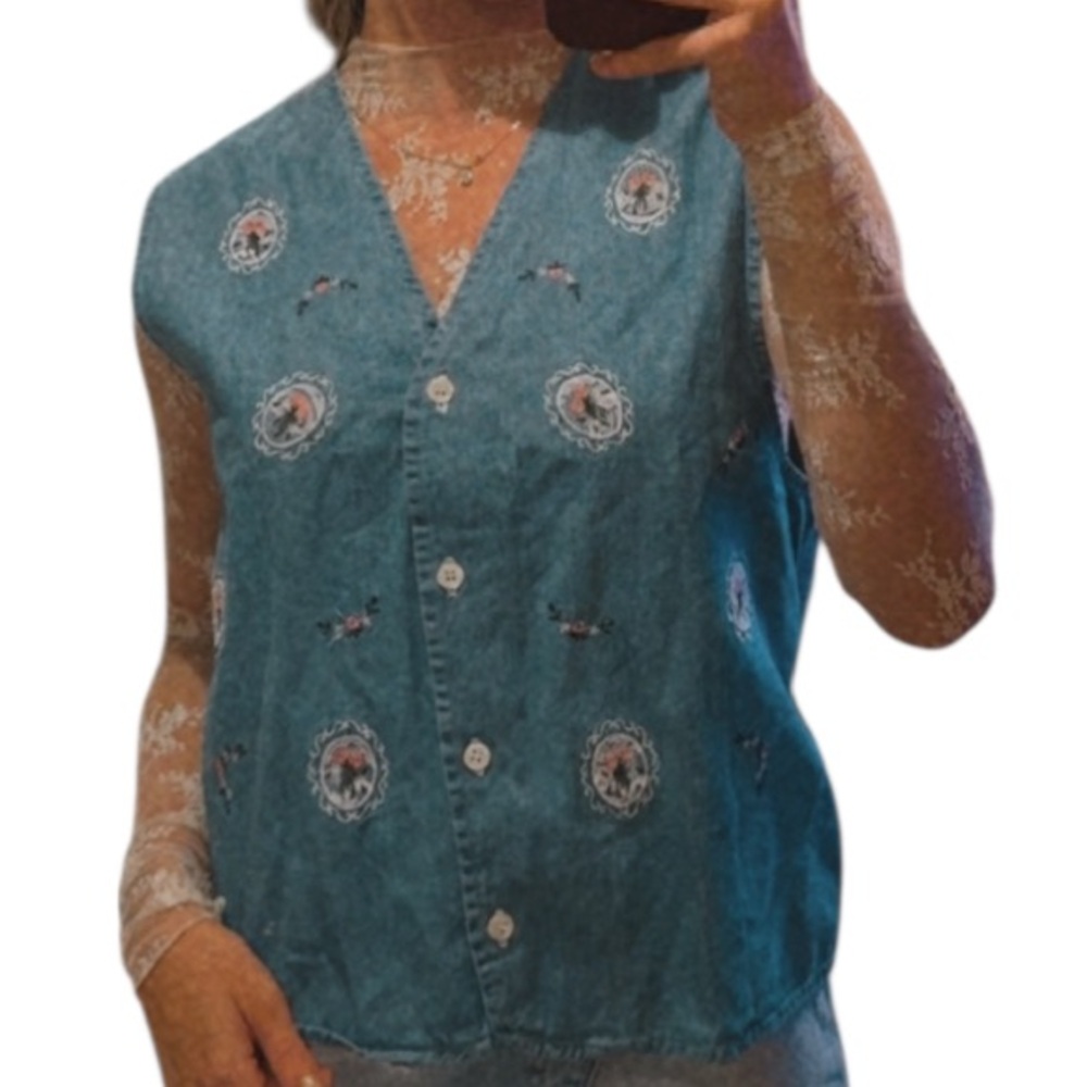 Embroidered Vintage Blue Denim Vest Top 100% cotton sz M